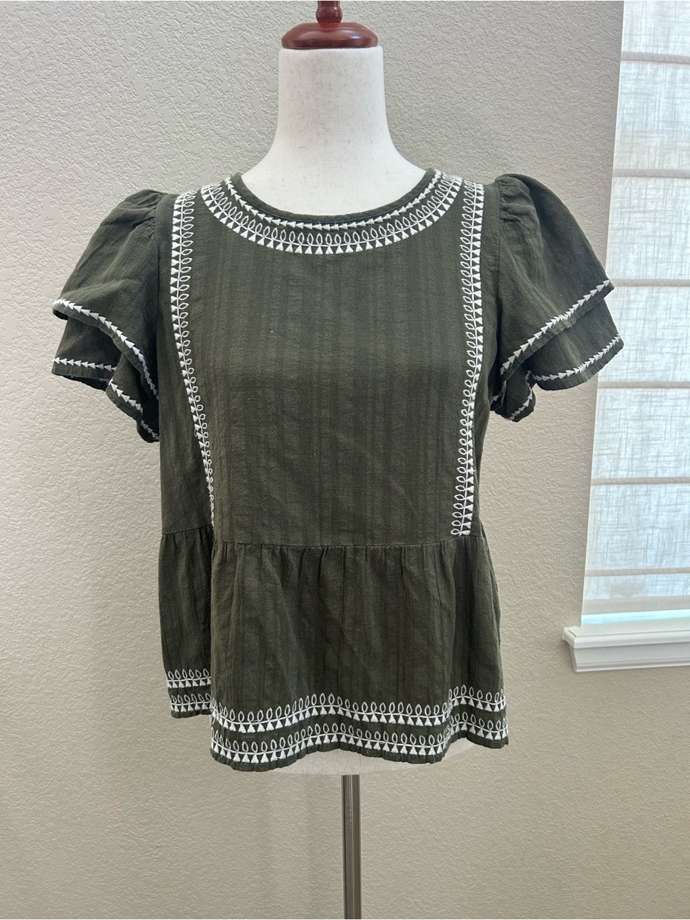 LOFT Olive Green Embroidered Peplum Blouse